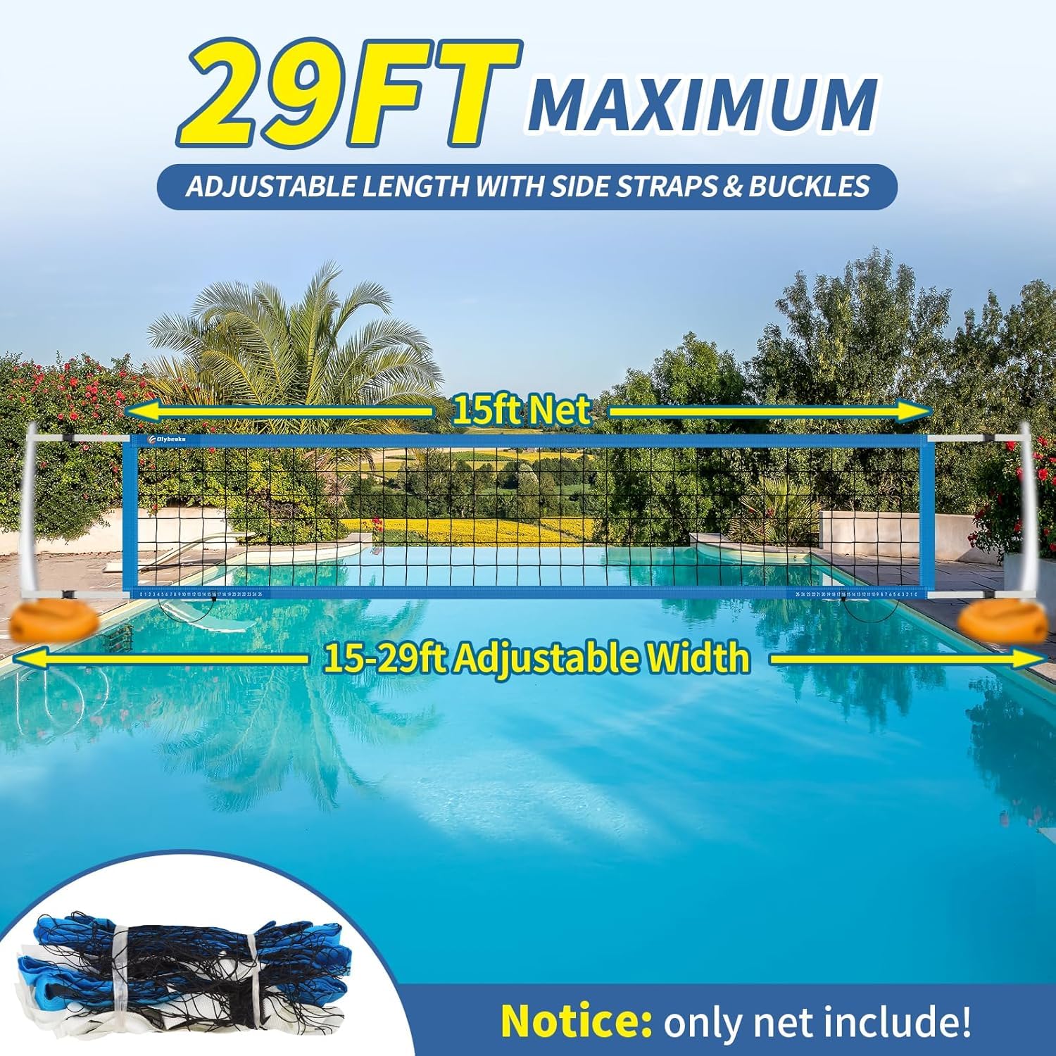 Red de Voleibol de Repuesto para Piscina con Abrazadera de puntuación, Longitud Ajustable de 15 pies a 26 pies, Universal para Juego de Red de Voleibol de Piscina de Mercado, Anti-UV, Impermeable y