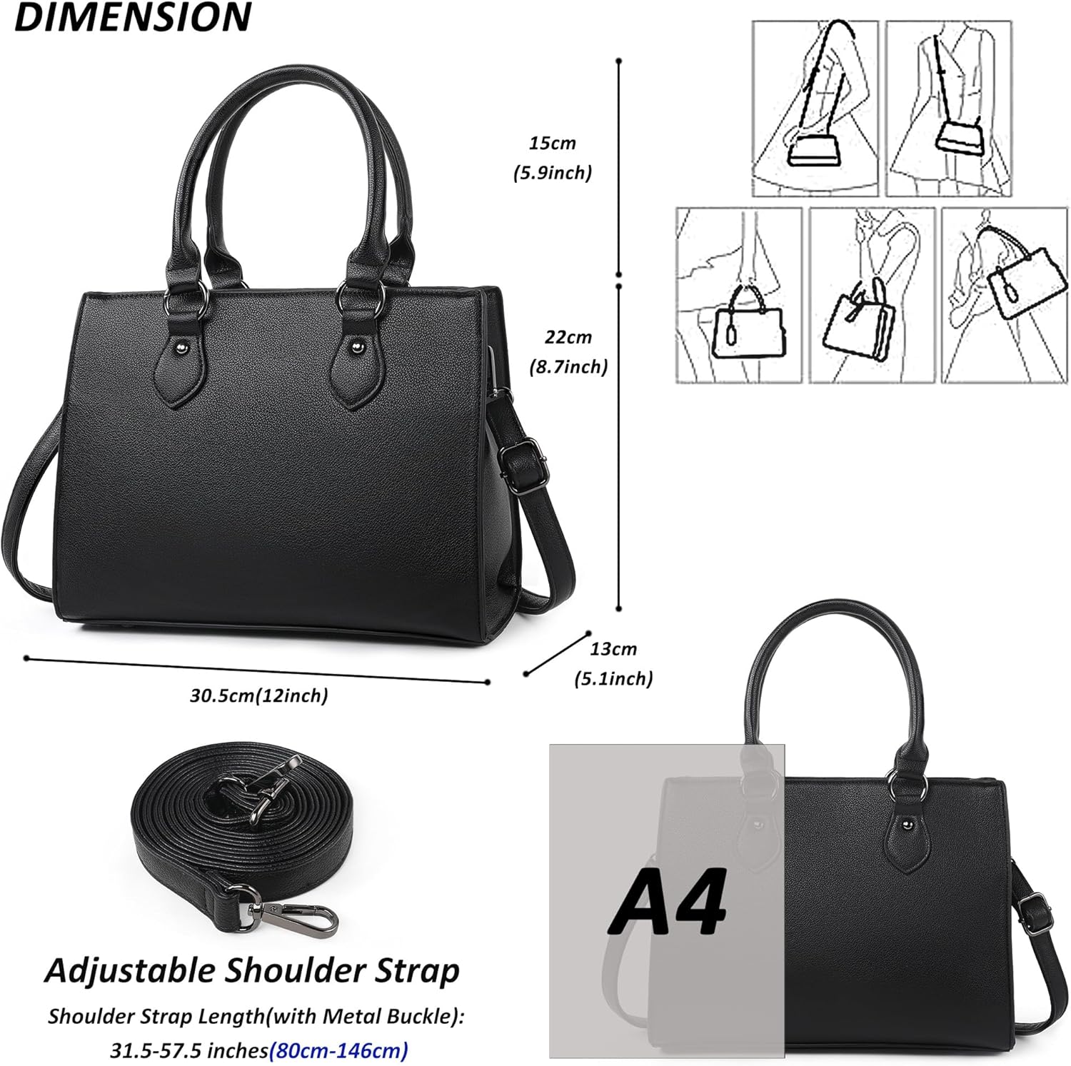 TANTOMI Womens Purses and Handbags Vegan Leather Tote Bag Black Purses for Women Trendy Satchel Bags Adjustable Strap - Image 5