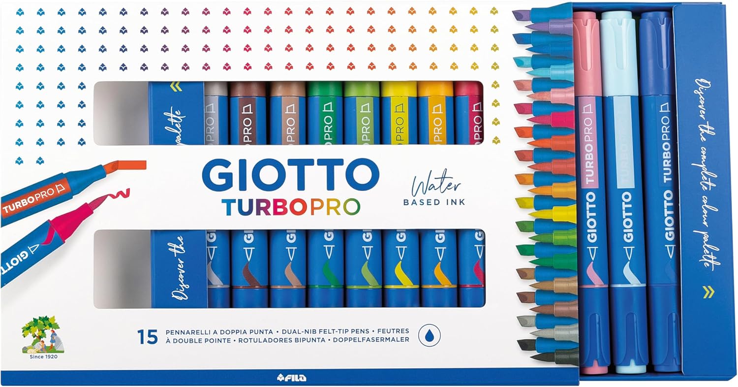 Giotto Turbo Pro Dual Tip Marker Pens, Round Shape, Assorted Colors, Pack of 15