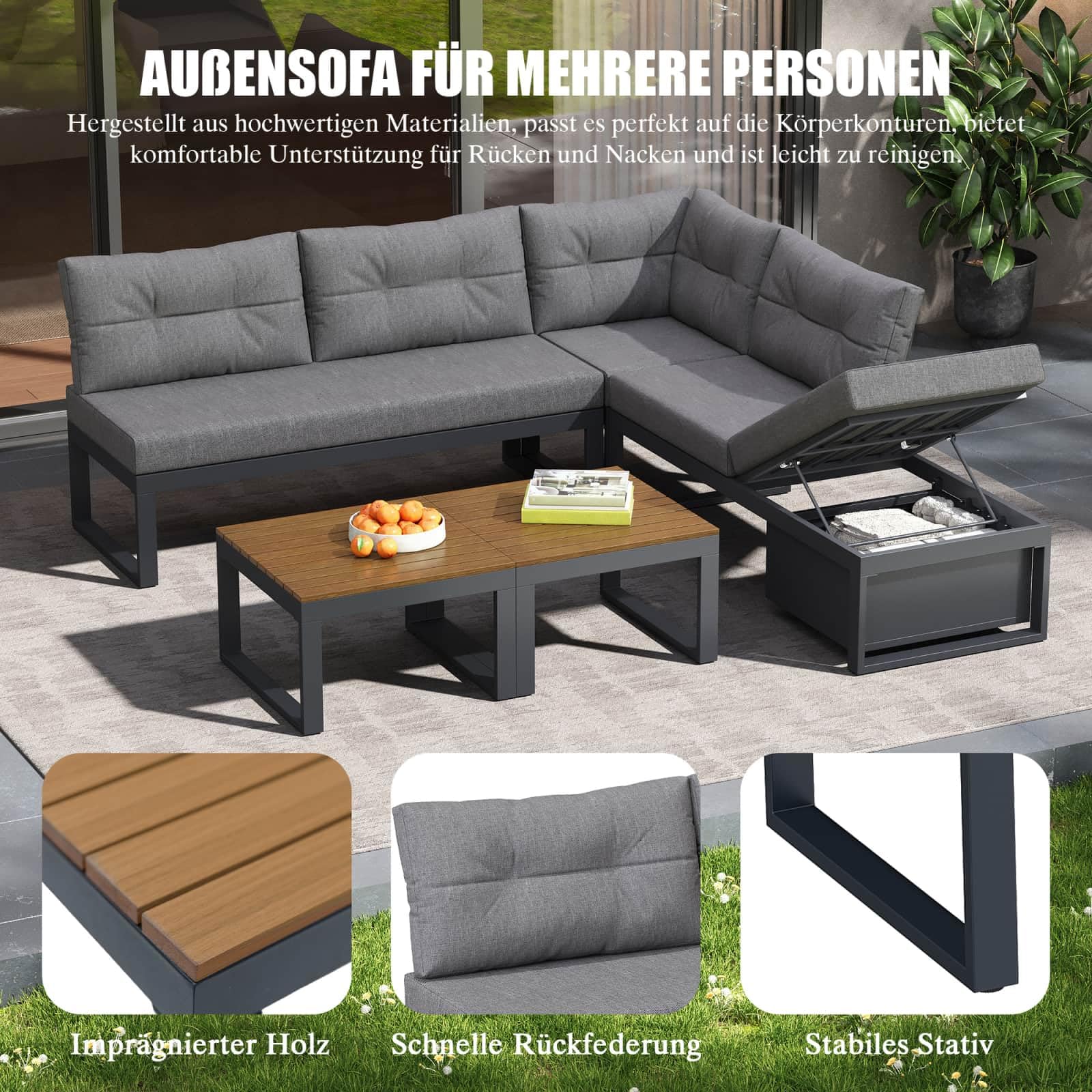 KOMHTOM Ensemble Salon de Jardin Extérieur Modulable – Canapé d'angle avec Tables Basses, Dossier Inclinable pour Terrasse, Balcon et Patio (Gris-B)