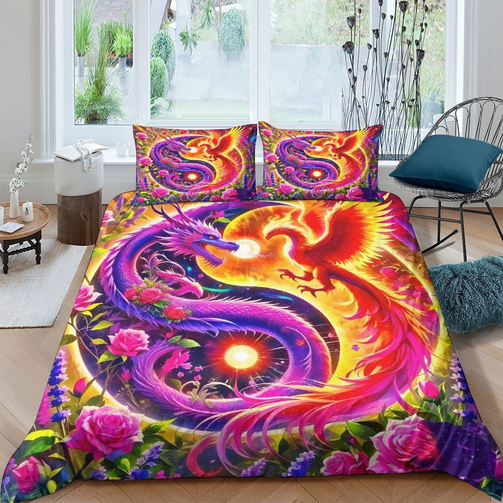Housse de couette dragon 3D 200x200cm avec 2 taies d'oreiller en microfibre pour lit double