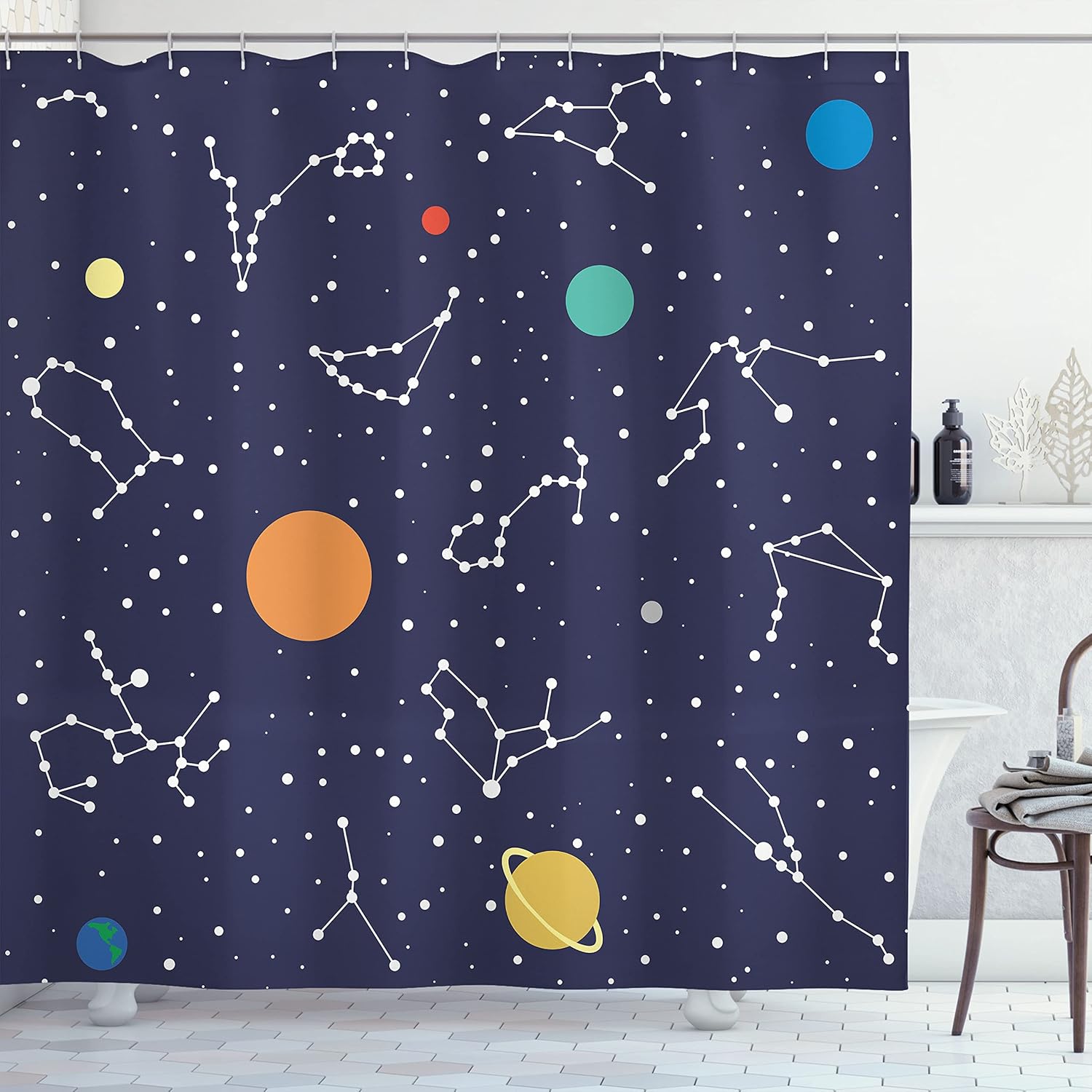 Ambesonne Constellation Shower Curtain, Zodiac and Planets Colorful Pattern Galaxy Universe Science Illustration, Cloth Fabric Bathroom Decor Set with Hooks, 69" W x 70" L, Multicolor