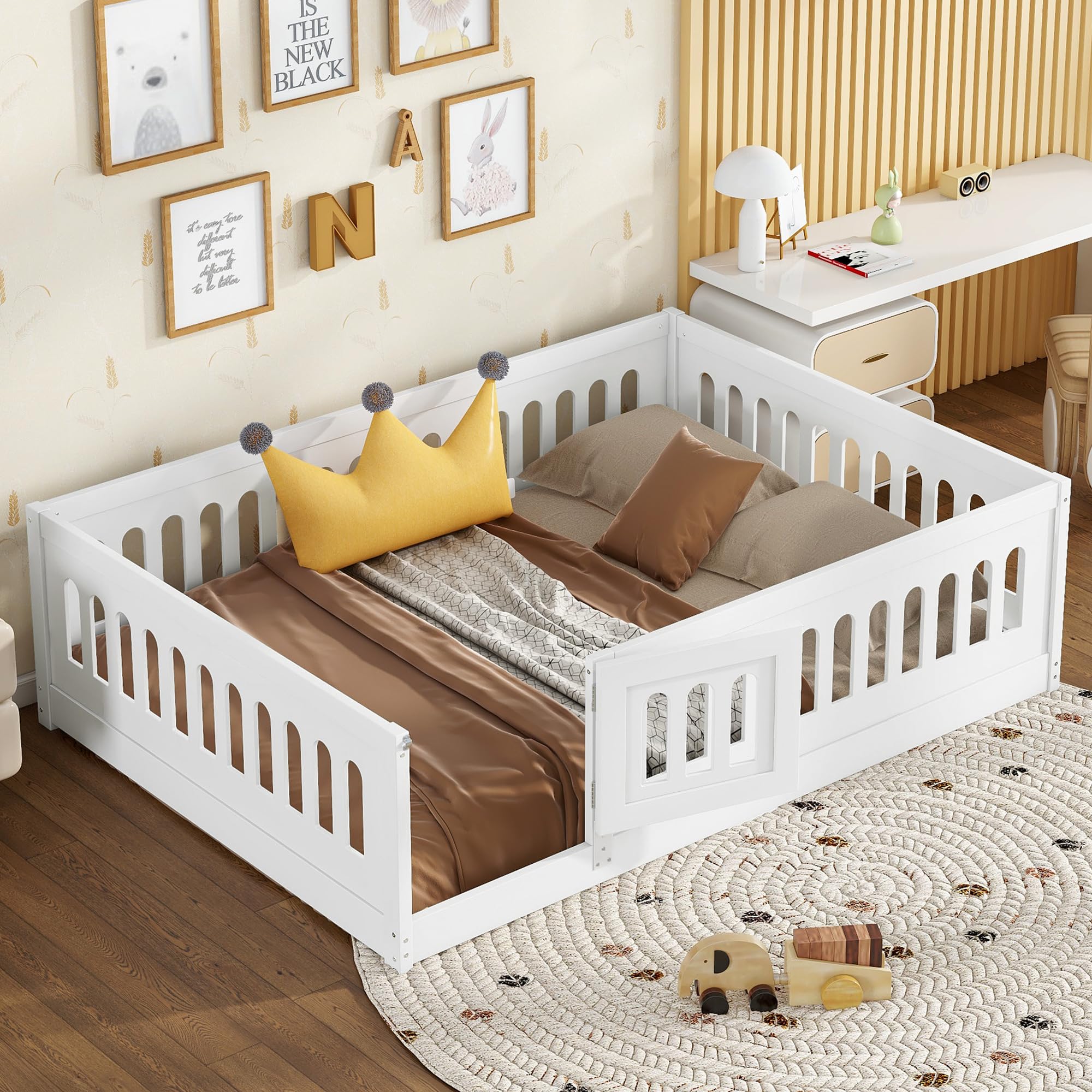 Ball & Cast Full Size Montessori Floor Bed with Heightened Safety Guardrails and Door,Playhouse Wood Bedframe with Slats,Rails and Security Barrier,for Kids,Girls,Boys,Bedroom,Easy Assembly,White