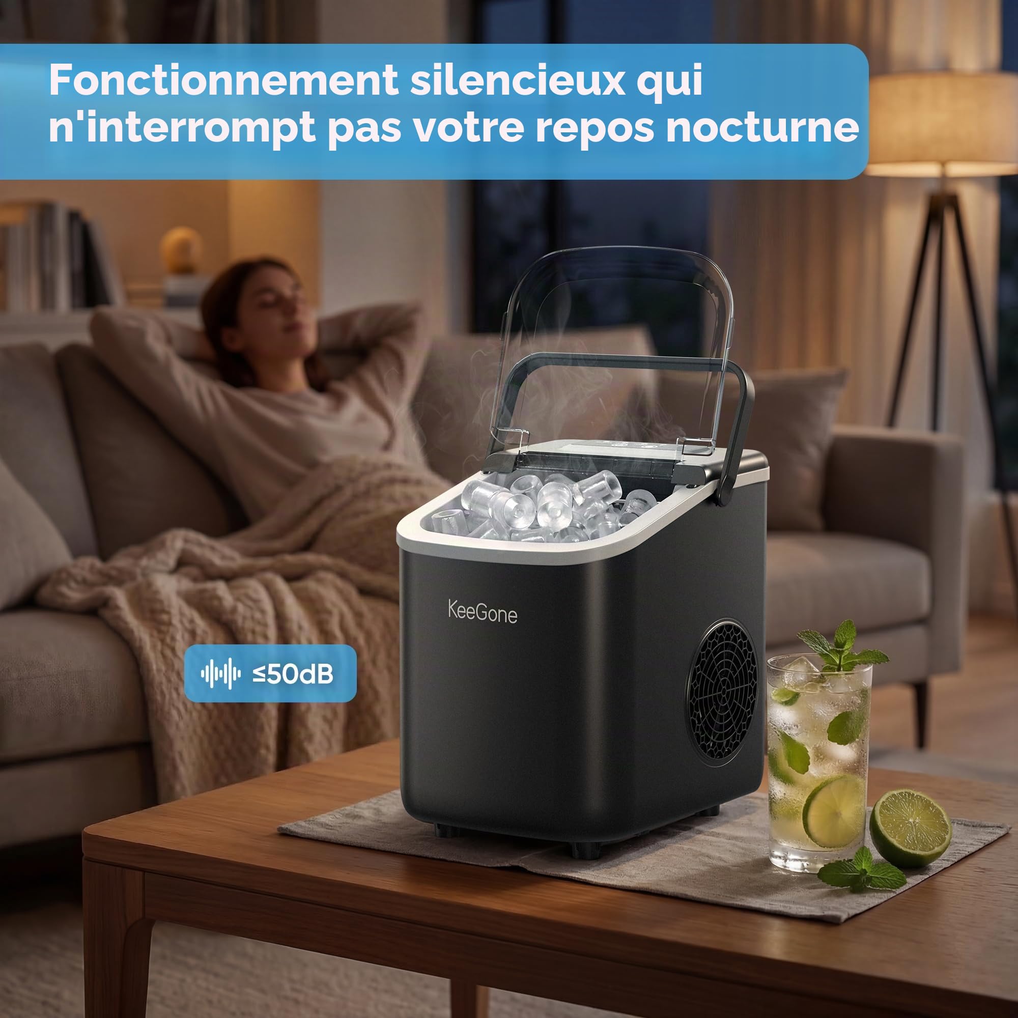Petite machine à glaçons avec réservoir d'eau de 1,2 l, 9 cubes en 6 minutes, noire, avec poignée portable, 10 kg/24 h, machine à glaçons autonettoyante pour cuisine, bureau, bar et fête