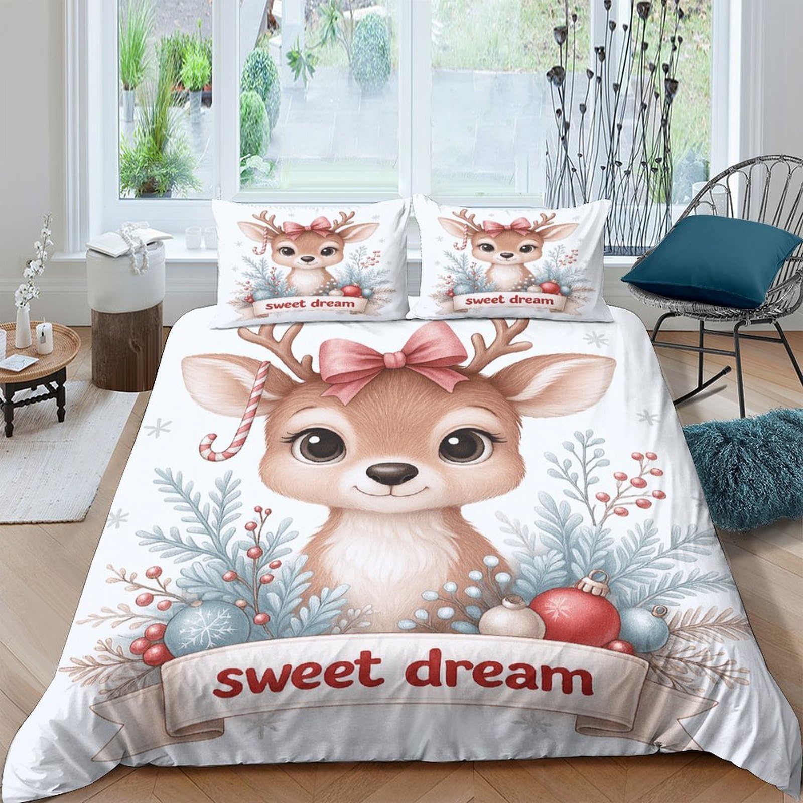 Ctjqhvkz Style-8 3D Printed Cute Deer Fitted Sheet Microfiber Soft Pink Bow Sweet Dream Bed Cover For Bedroom Dorm Mattress Decor Single（135X200cm）