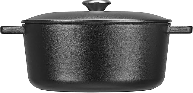 Fissler P506530 Cast Iron Round Casserole Dish with Self Basting Lid, 4.2 L, Dutch Oven for Stews, Baking Sourdough Bread, Slow Cooking, Oven and Induction Hob Safe, Stainless Steel Knob, 24 cm, Black