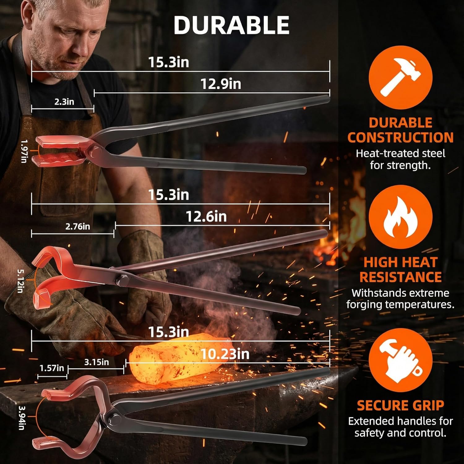 3 Pcs Blacksmith Tongs Set, Professional Heavy Duty Flat & Wolf Jaw & Bolt Tongs, Heat Treated Forging Tongs for Knife Making, Bladesmithing, Metalworking and Farrier Supplies (3-PCS)