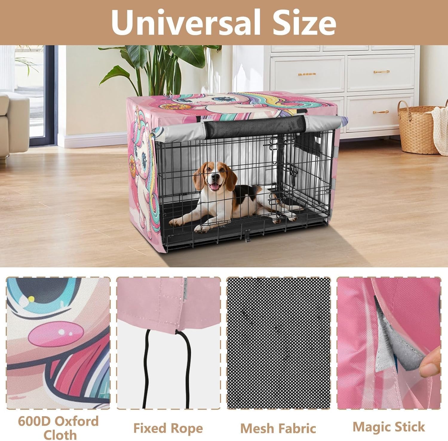 Cartoon Unicorn Dancing Pose Dog Crate Covers Mesh Window Panels, Pet Cage Cover with Openings, X-Large