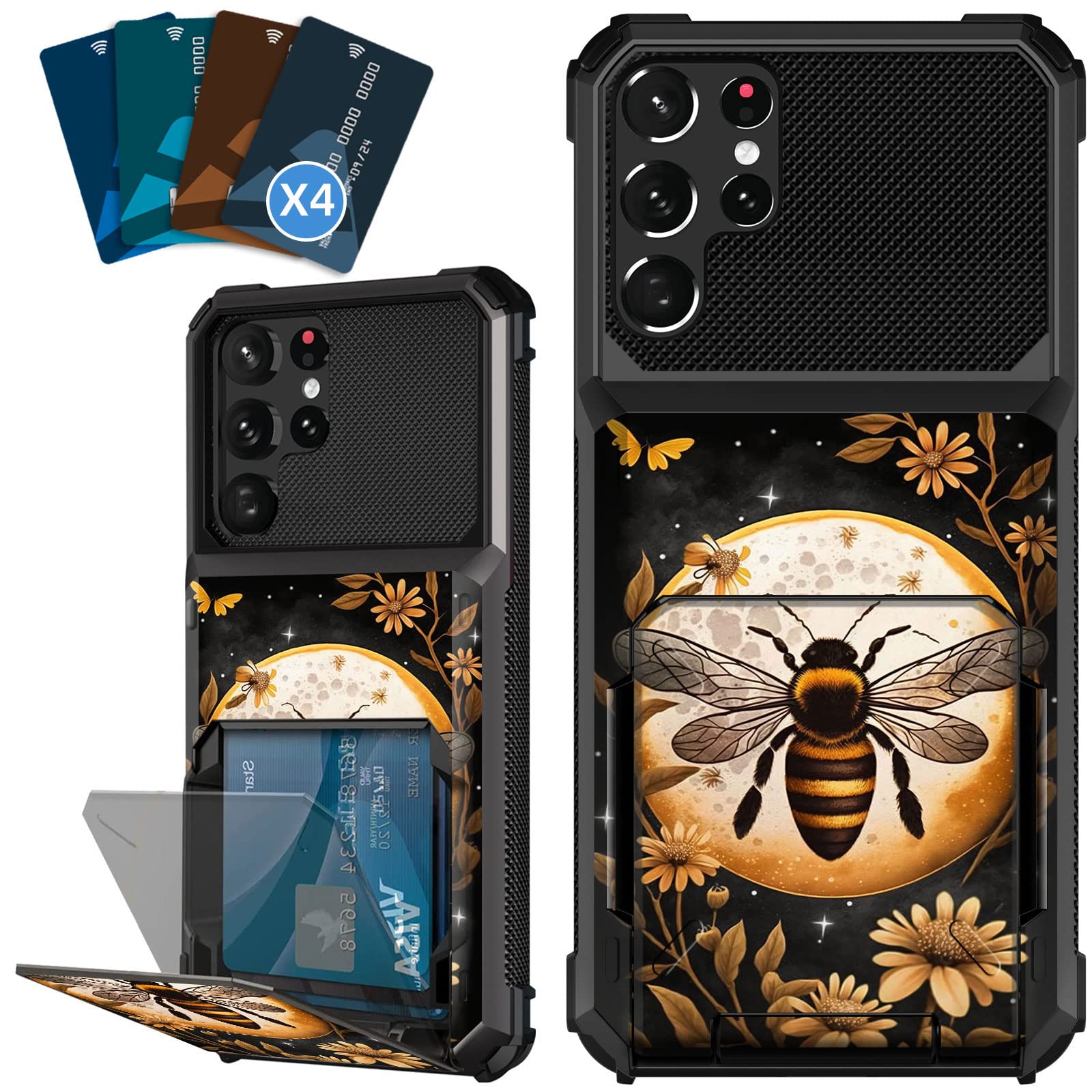 SDDFRHGH for Samsung Galaxy S22 Ultra Case Wallet, 4 Credit Card Holder Slot Flip Cover,Heavy Duty Dual Layer Defender Phone Case for Samsung Galaxy S22 Ultra 5G-Honey Bee Flower Moon Art