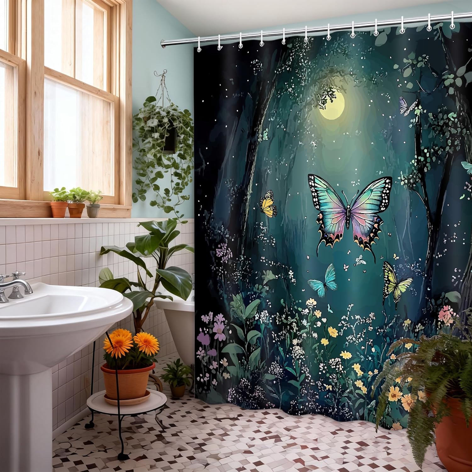 Green Fantasy Butterfly Shower Curtain, Dark Green Enchanted Trees Fairy Tale Pretty Floral Foggy Wonderland Magic Nature Bathroom Decor Fabric Polyester Waterproof 12 Pack Hooks