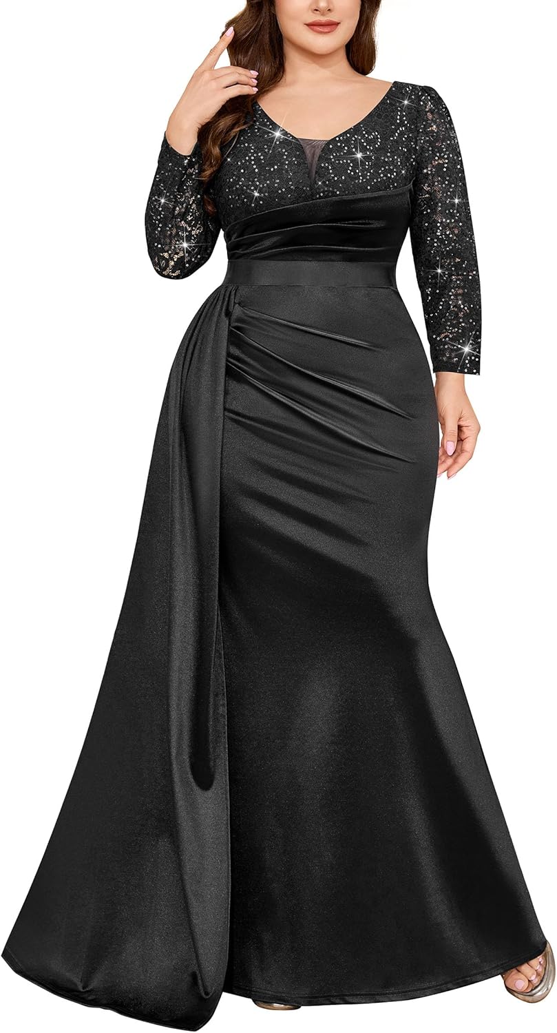 MISSMAY Women's Plus Sequin Lace Satin Dresses Pleated Mermaid Formal Wedding Evening Gown with Train