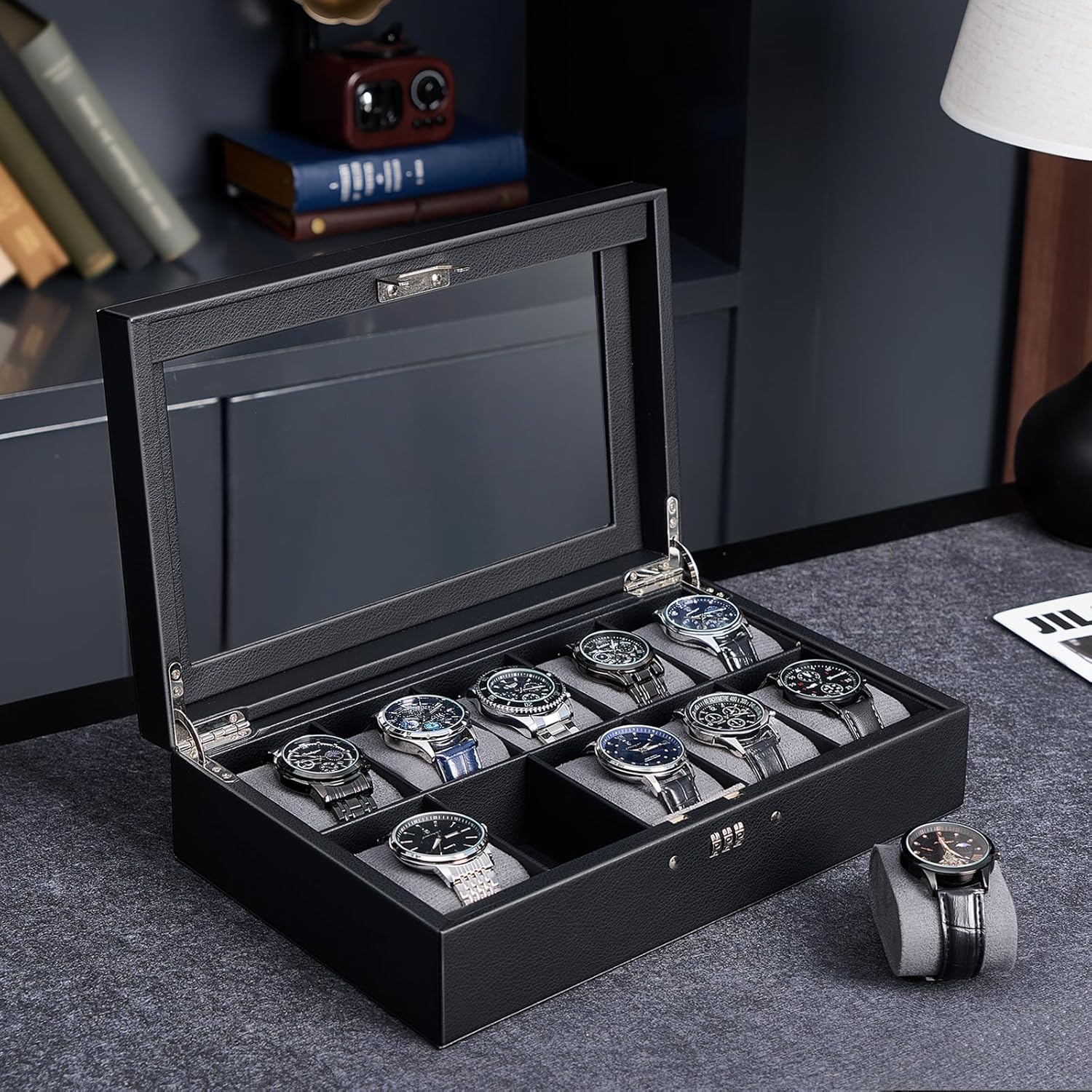 ProCase Lockable Watch Case, 10-Slot Display Storage Box with Glass Lid, Scratch-Free Velvet Lining & Combination Lock, Secure Watch Organizer for Men, Home, Office or Store Display - Black