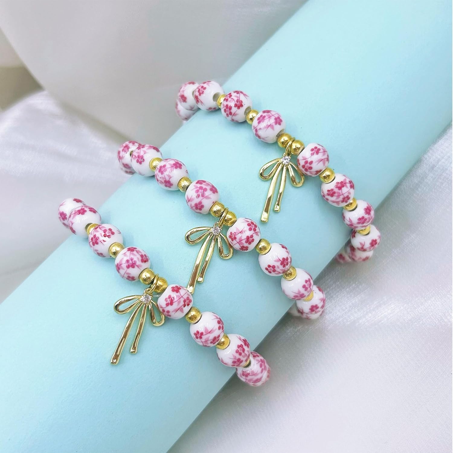 Choistily Bow Charm Beaded Bracelet for Women Vintage Flower Bracelet Handmade Stretch Beads Bracelet - Image 6
