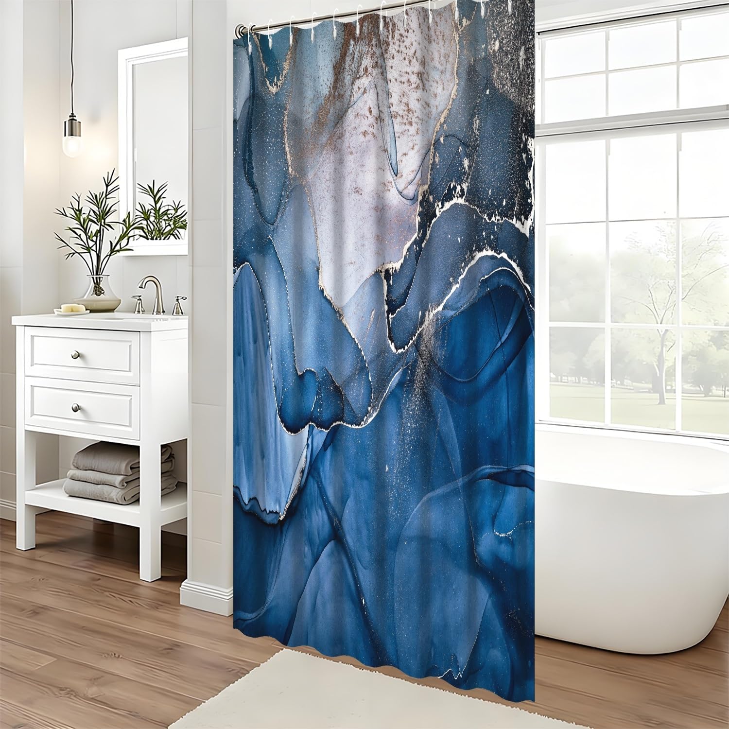Navy Blue Marble Shower Curtain Luxury Silver Line Cracks Abstract Marble Texture Bathroom Curtain Waterproof Washable Fabric Shower Curtains Set with Hooks for Bathroom Home Decor,72x72inch