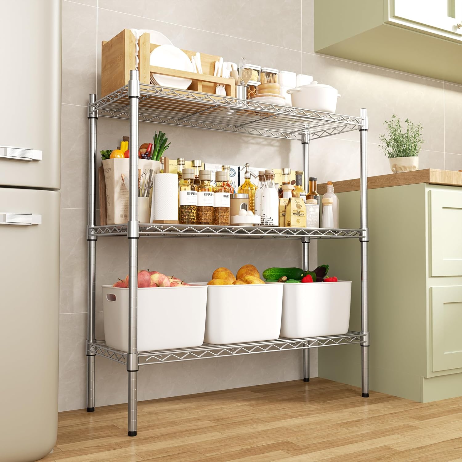 Auslar 3-Shelf Storage Wire Shelves Heavy Duty 3 Tiers Standing Shelving Units Adjustable Metal Organizer Wire Rack, Chrome - Image 2