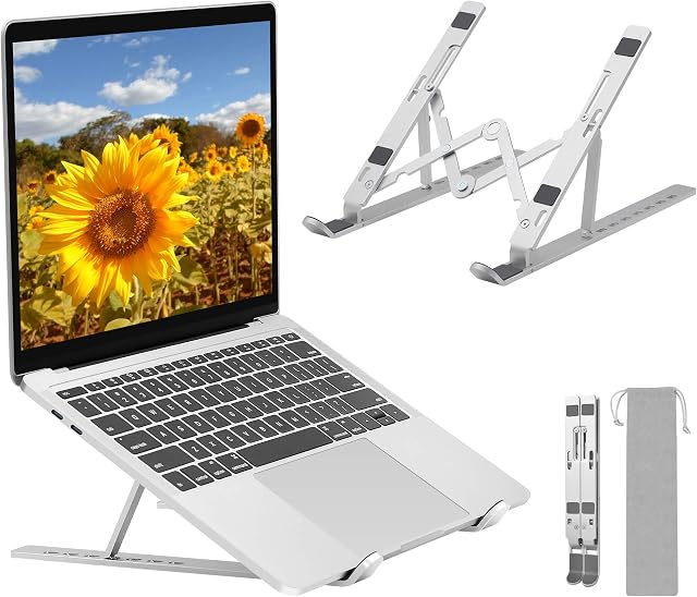 Adjustable Laptop Stand, Portable Folding Laptop Riser, 7-Levels Ventilated Aluminum Laptop Holder for Desk, Ergonomic Universal Computer Stand, Compatible with 9-17" Laptop, Silver