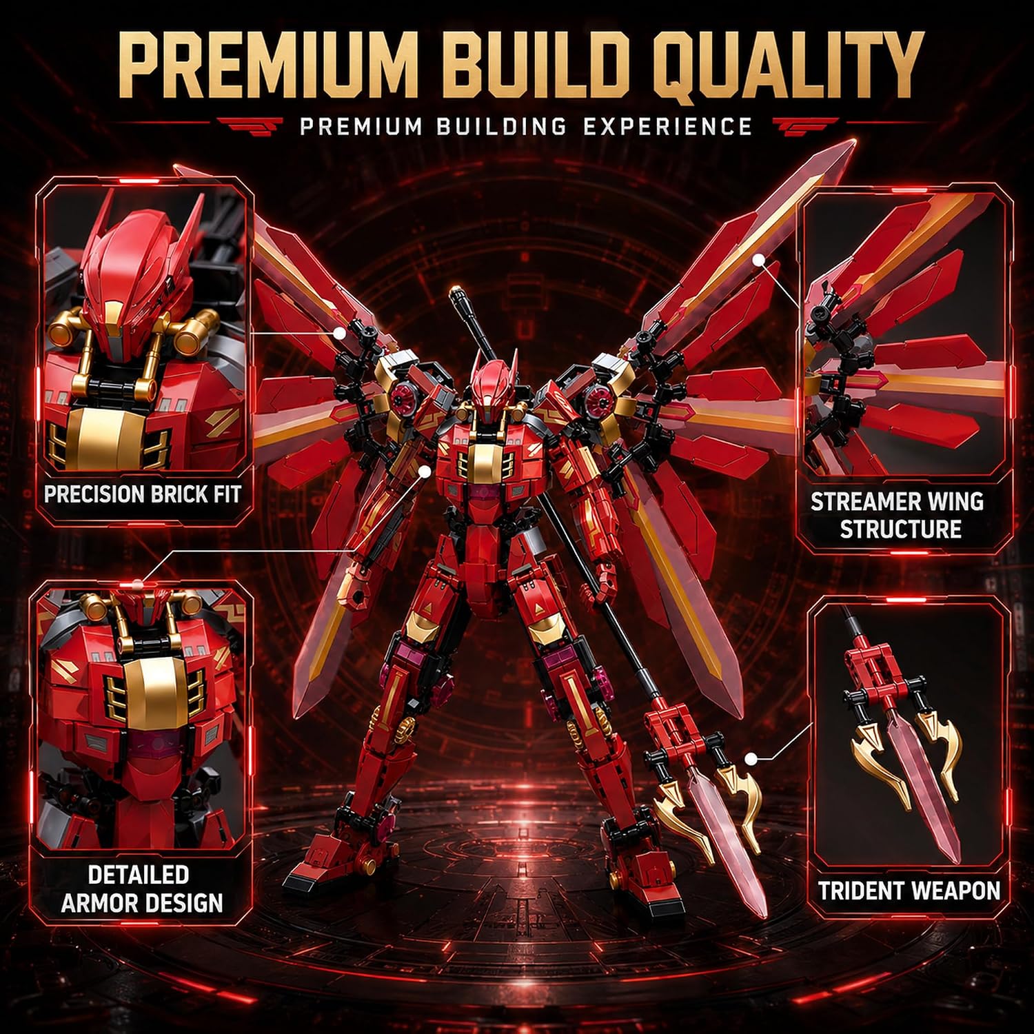 Close-up details of the Red Mech Robot showing precision brick fit, streamer wing structure, detailed armor design, and trident weapon