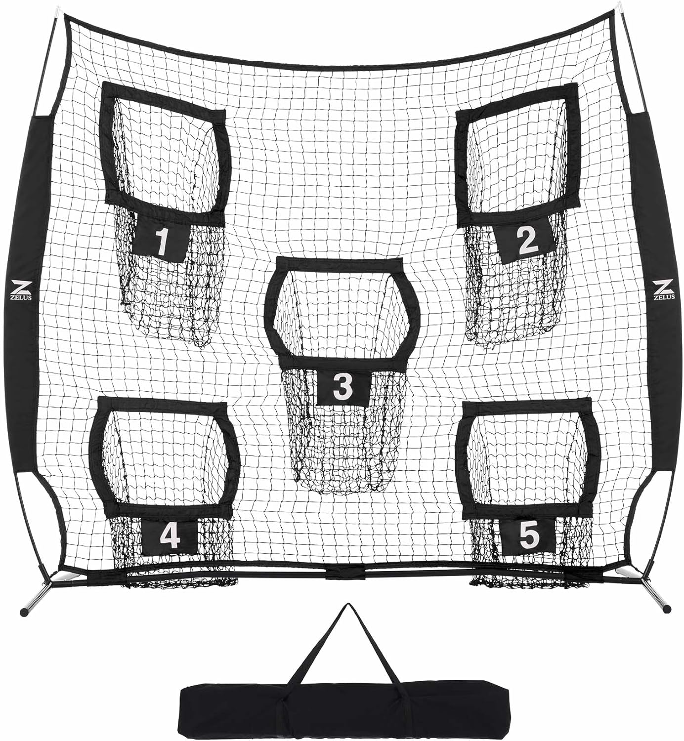 ZELUS 7 x 7ft Football Trainer Throwing Net | Training Target Practice with 5 Targets | Great for Quarterback | Includes Carry Bag Black