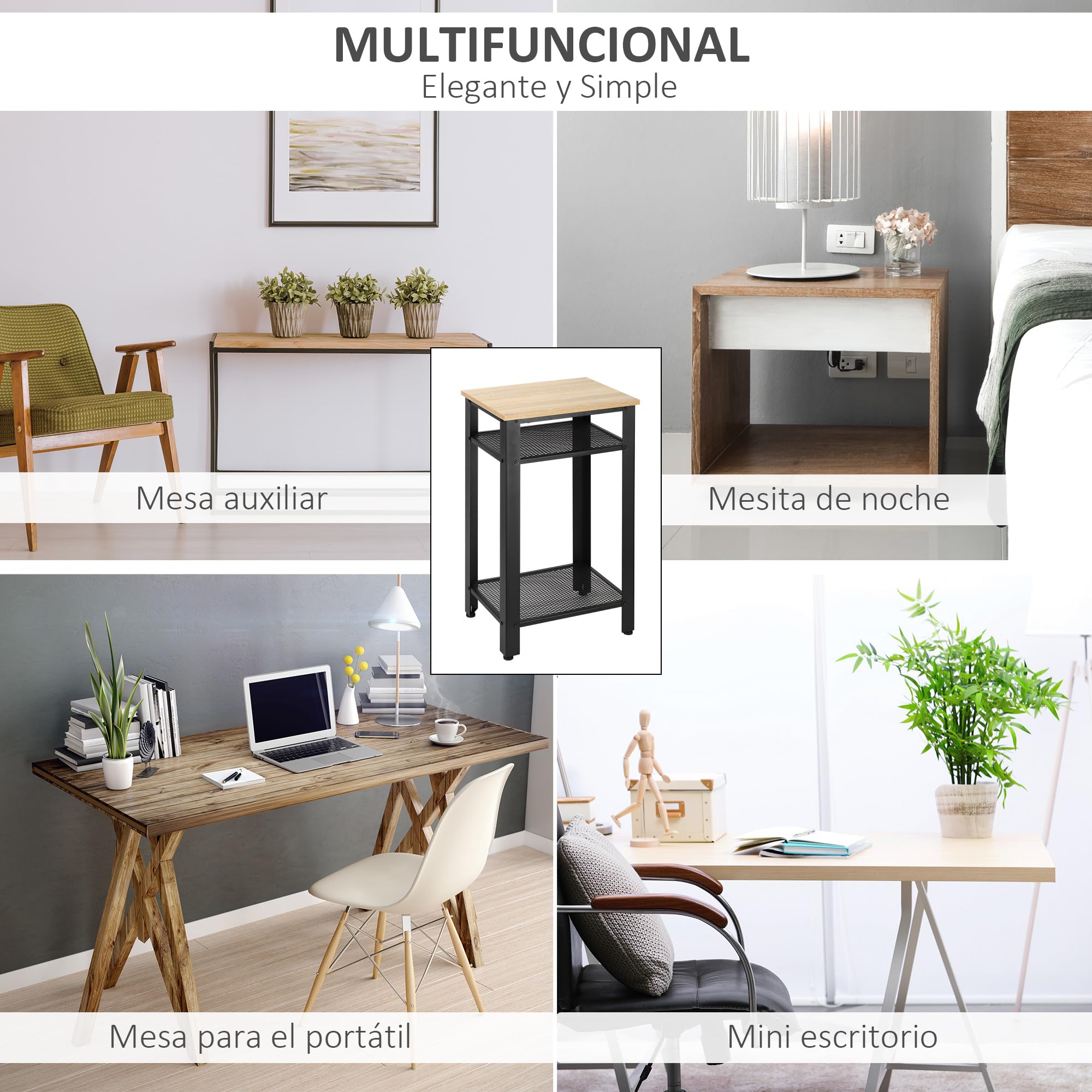 HOMCOM Mesa Auxiliar Mesita de Noche Industrial 45x35x75 cm Roble y Negro | 2 Estantes de Rejilla de Metal, Pies Ajustables, para Salón Dormitorio