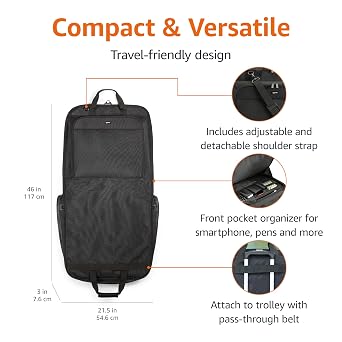 Amazon Basics 46 Premium Garment Bag for Travel, Suit Bag with Shoulder Strap for Suits and Dresses, 1680D Polyester Fabric, Exterior/Interior Pockets, Leather-reinforced Corners, Trifold, Black