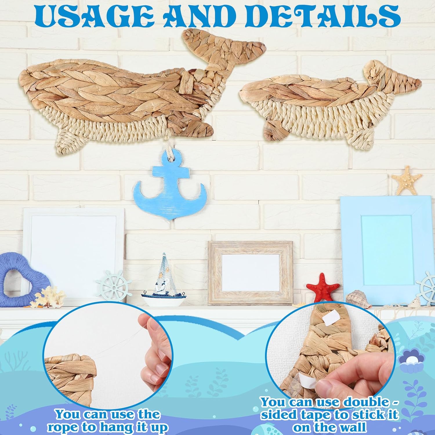 Threehoney 2 Pcs Whale Beach Wall Decor 2 Size Handmade Wicker Whale Nautical Theme Decor Hanging Ocean Coastal Wall Art Sculpture for Boho House Bathroom Bedroom Indoor Outdoor Ornament