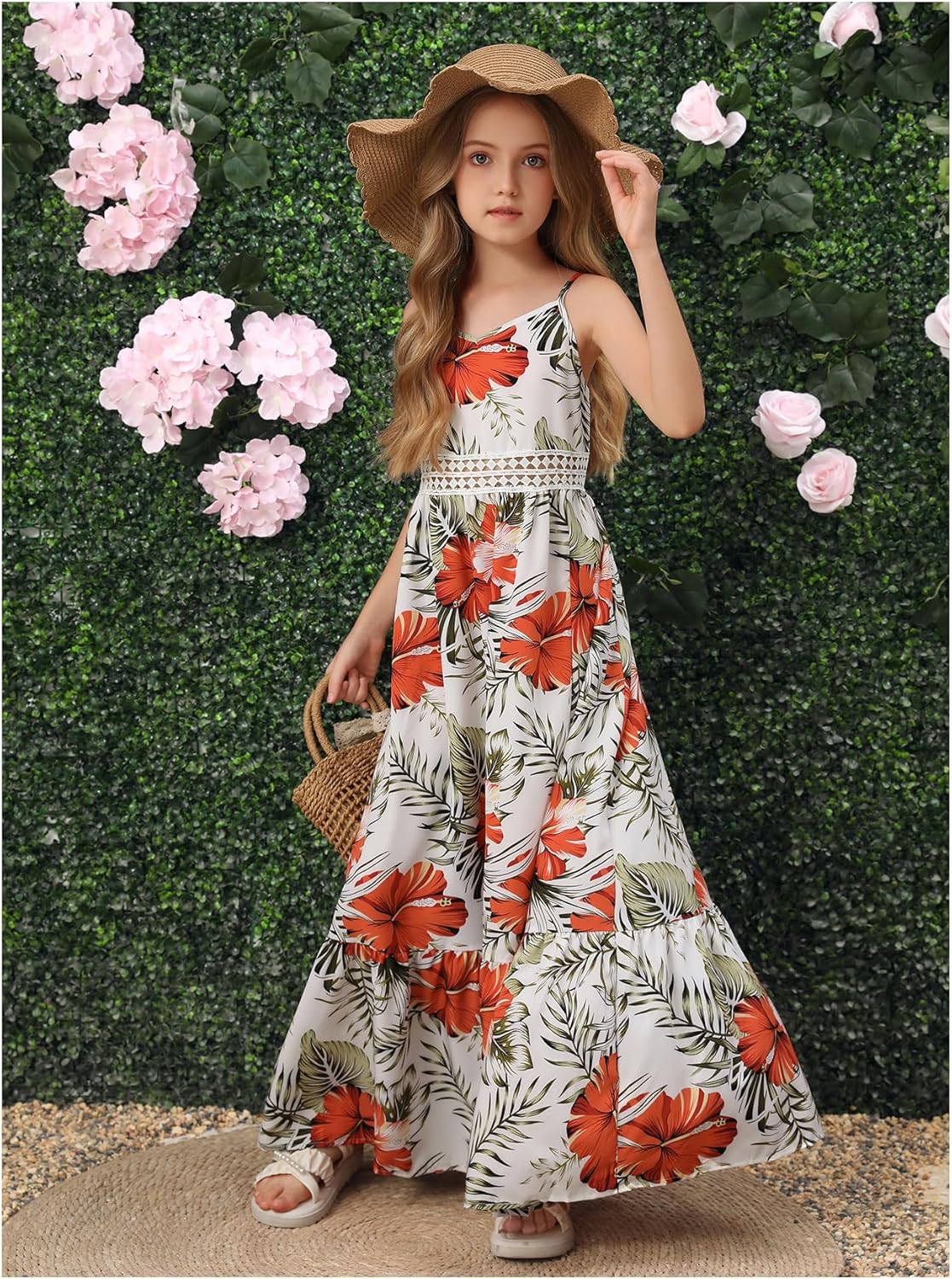 SHENHE Girl's Floral Sleeveless Split Thigh Ruffle Hem Summer Boho Maxi Cami Dress - Image 5