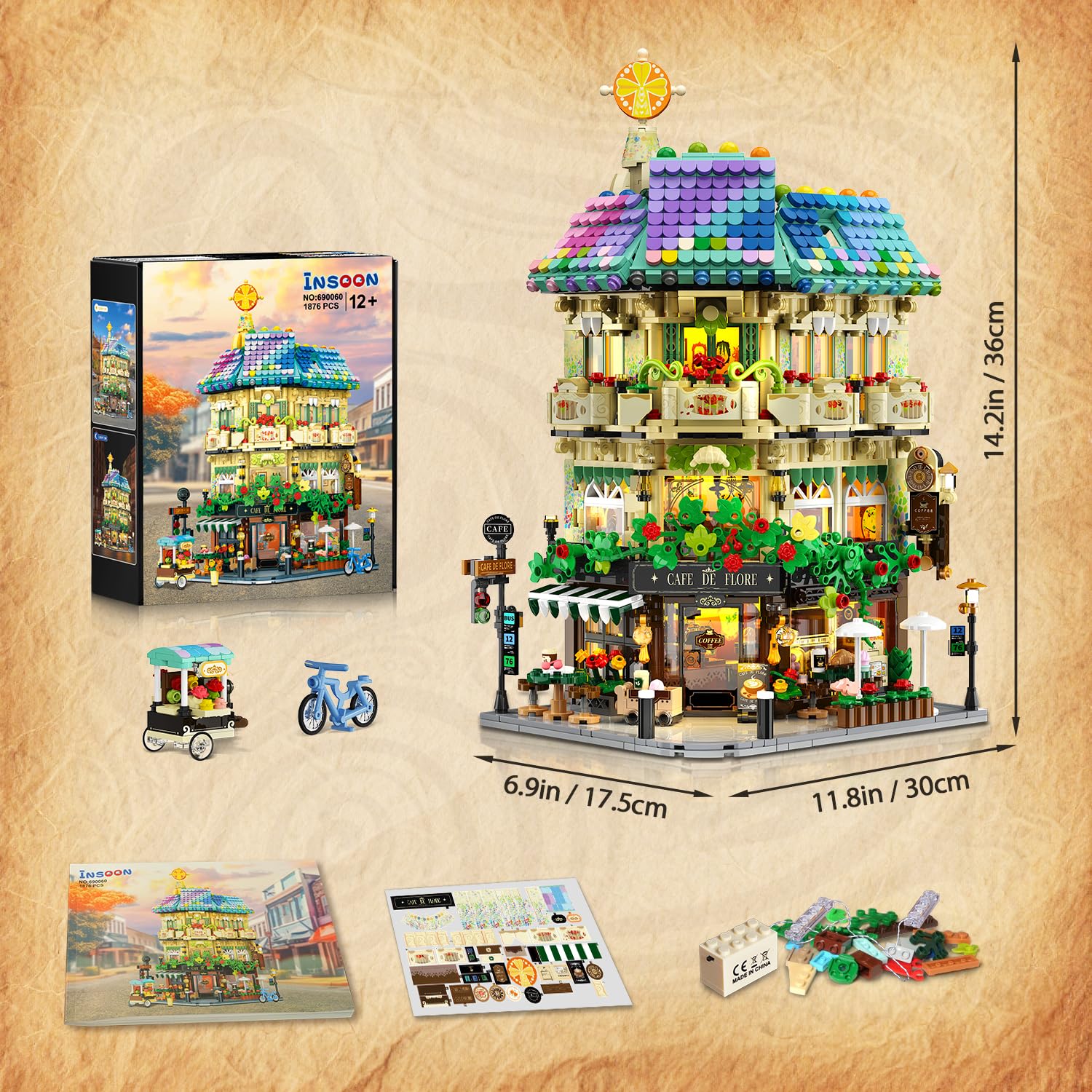 INSOON Stadt Blumen Cafe Haus Bauspielzeug mit Licht für Erwachsene | 1876 Stück Laden Kaffee Häuser Klemmbausteine Konstruktion Modell, Architektur Bausatz Geschenk für Jungen Mädchen 12+ Jahren