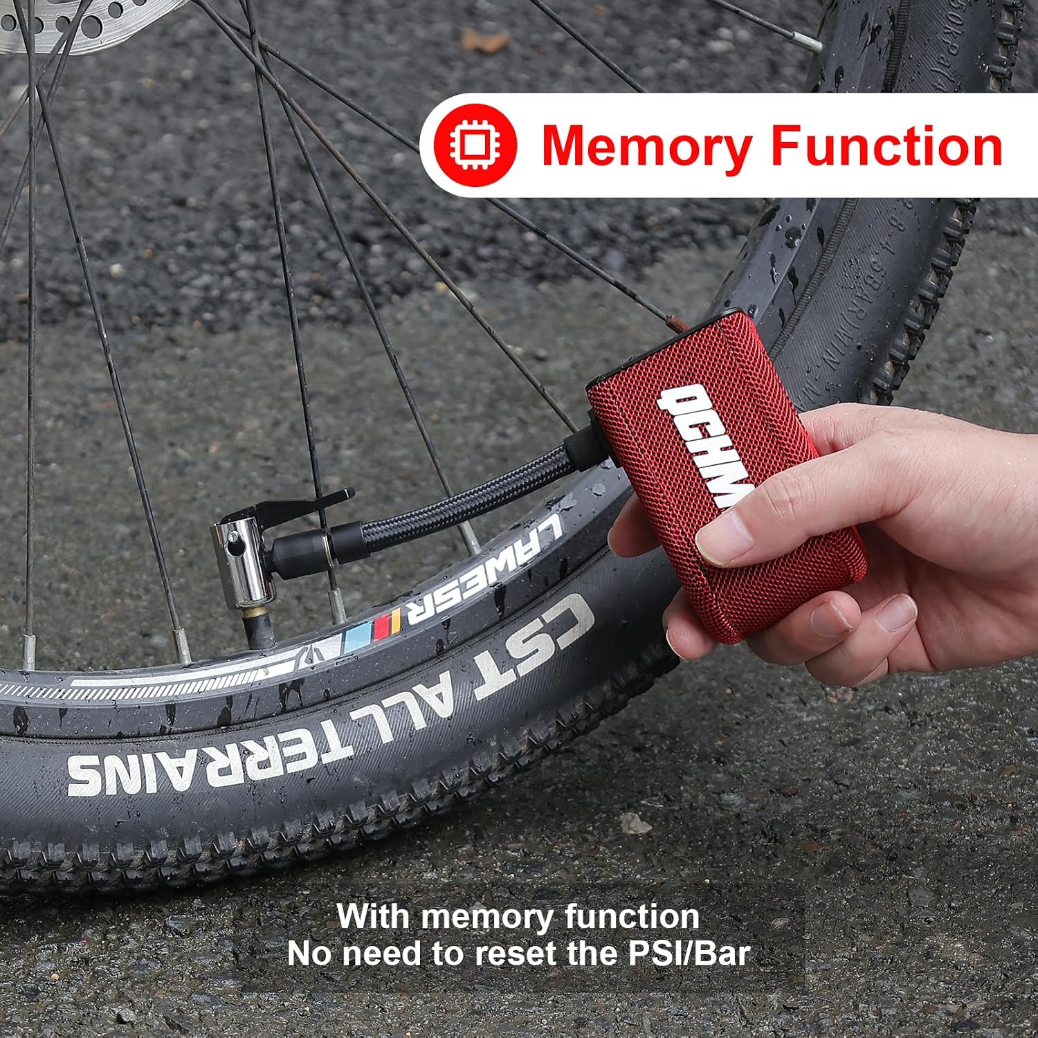 QCHMM Mini Electric Bicycle Pump connected to a bicycle tire, highlighting memory function