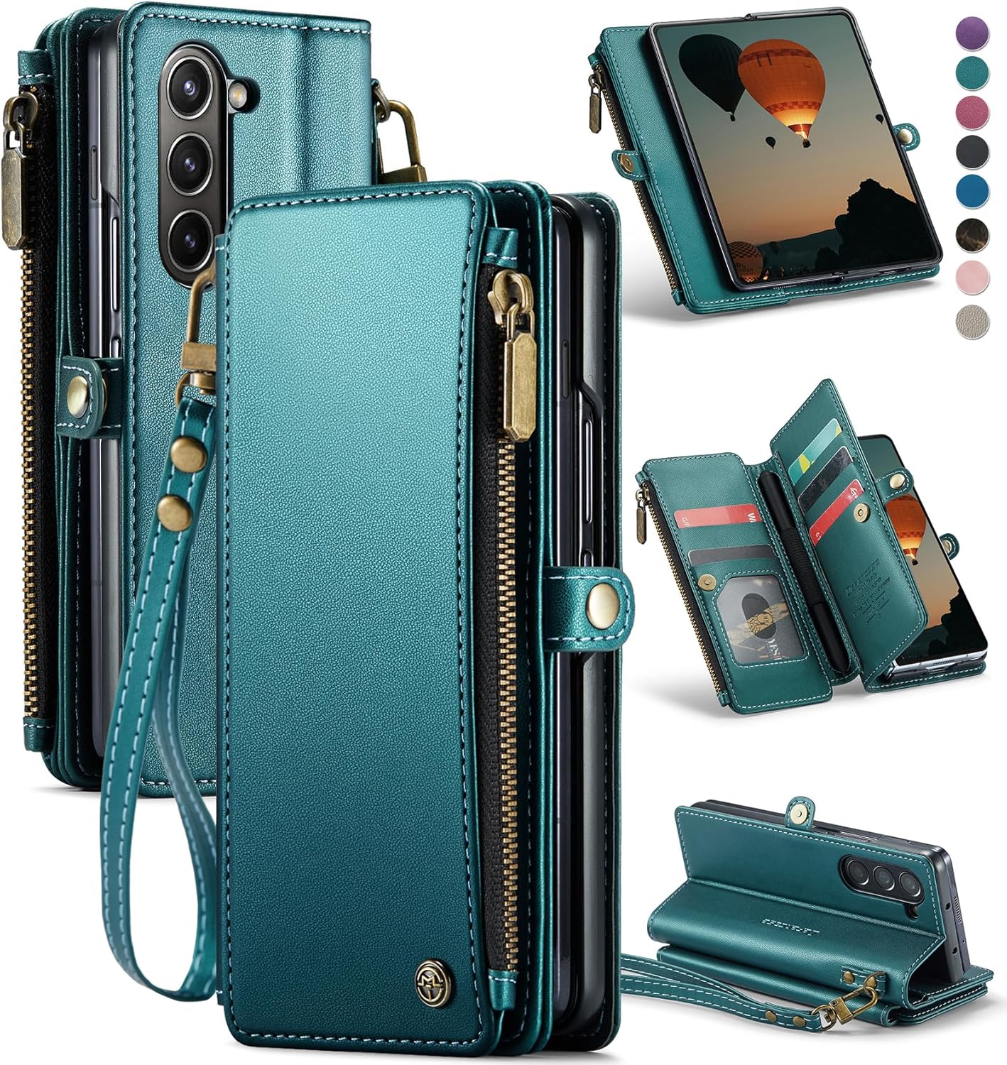 Defencase Wallet Case Compatible with Samsung Galaxy Z Fold 6 with RFID Blocking Card Holder & S Pen Holder PU Leather Magnetic Snap Flip Zipper Strap Phone Case Fit for Galaxy Z Fold 6, Blue Green