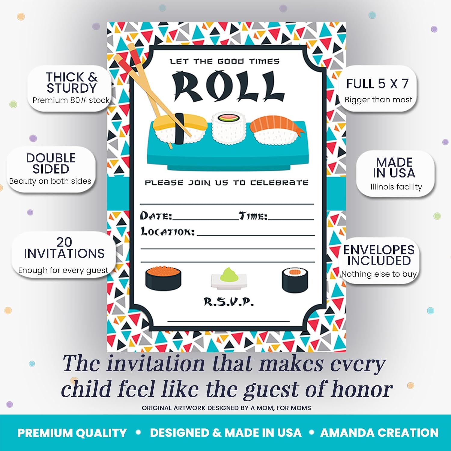 Amanda Creation Sushi, Let the Good Times Roll Themed Party Fill In Invitations, set of 20 including envelopes