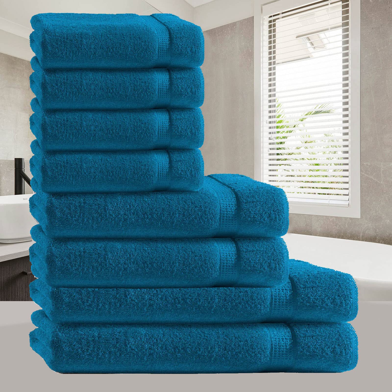 Müskaan 8 TLG Frottee Handtücher Set | 4er Gästetuch 30x50 cm | 2er Handtuch 50x100 cm | 2er Duschtuch 70x140 cm | 100% Baumwolle mit Bordüre | Uni Petrol