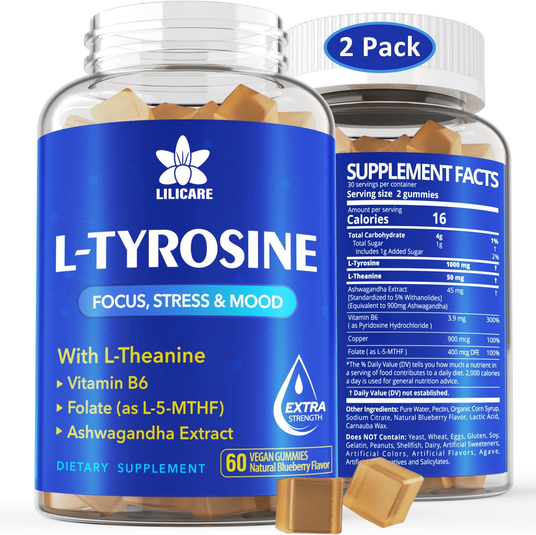 L Tyrosine Gummies 1100mg Mood Support Blend, with Ashwagandha, L-Theanine, Vitamin B Complex B6, Folate(Vitamin B9), Focus & Memory, Cognition & Brain Function, Energy Boost,Stress Support, 2Pc/120ct