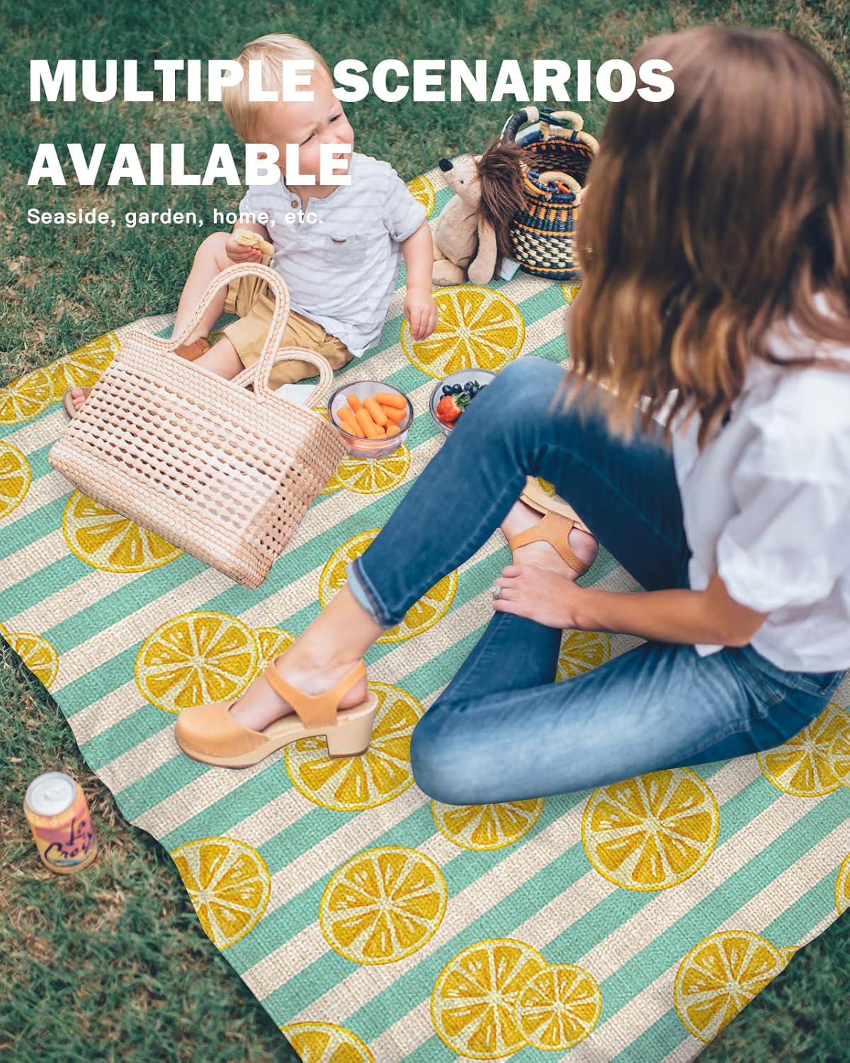 Retro Farm Summer Lemons Beach Blanket Waterproof Sandproof Outdoor Picnic Mat 95"x80" Teal Stripes Lightweight Large Beaach Blankets with 4 Stake & 4 Corner Pockets