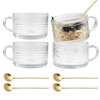 Vozoka 4 pcs Set Vintage Glass Coffee Mugs, 14oz Clear Embossed Glass Cups, Latte Mugs, Coffee Bar Accessories, Iced Coffee Cups, for Cappuccino, Latte, Yogurt, Milk, Hot or Cold Beverages