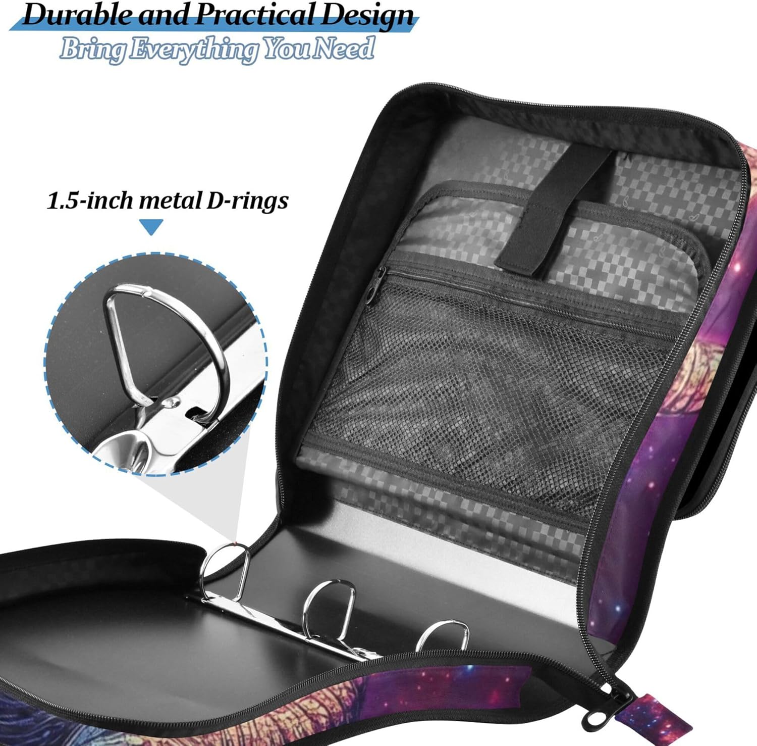 Dinosaur Music Galaxy Zipper Binder Bag, 1.5 inch 3 Ring Binder File Organizer with Handle and Shoulder Strap, Multi-Pocket, 500 Sheet Capacity