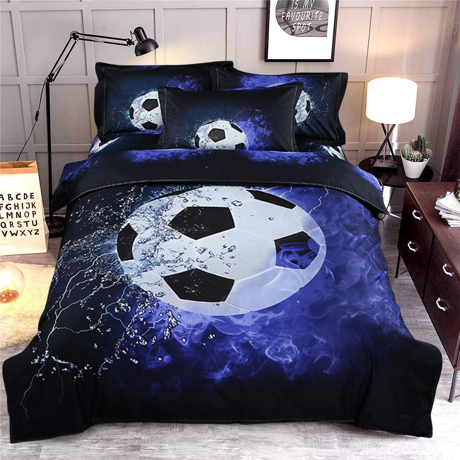 3D Printed Soccer Bedding Set with 2 Pillowcases,Blue Flame and Ice Football Duvet Cover with Zipper Closure,Soft Microfiber Quilt Cover King Size 220 x 230cm