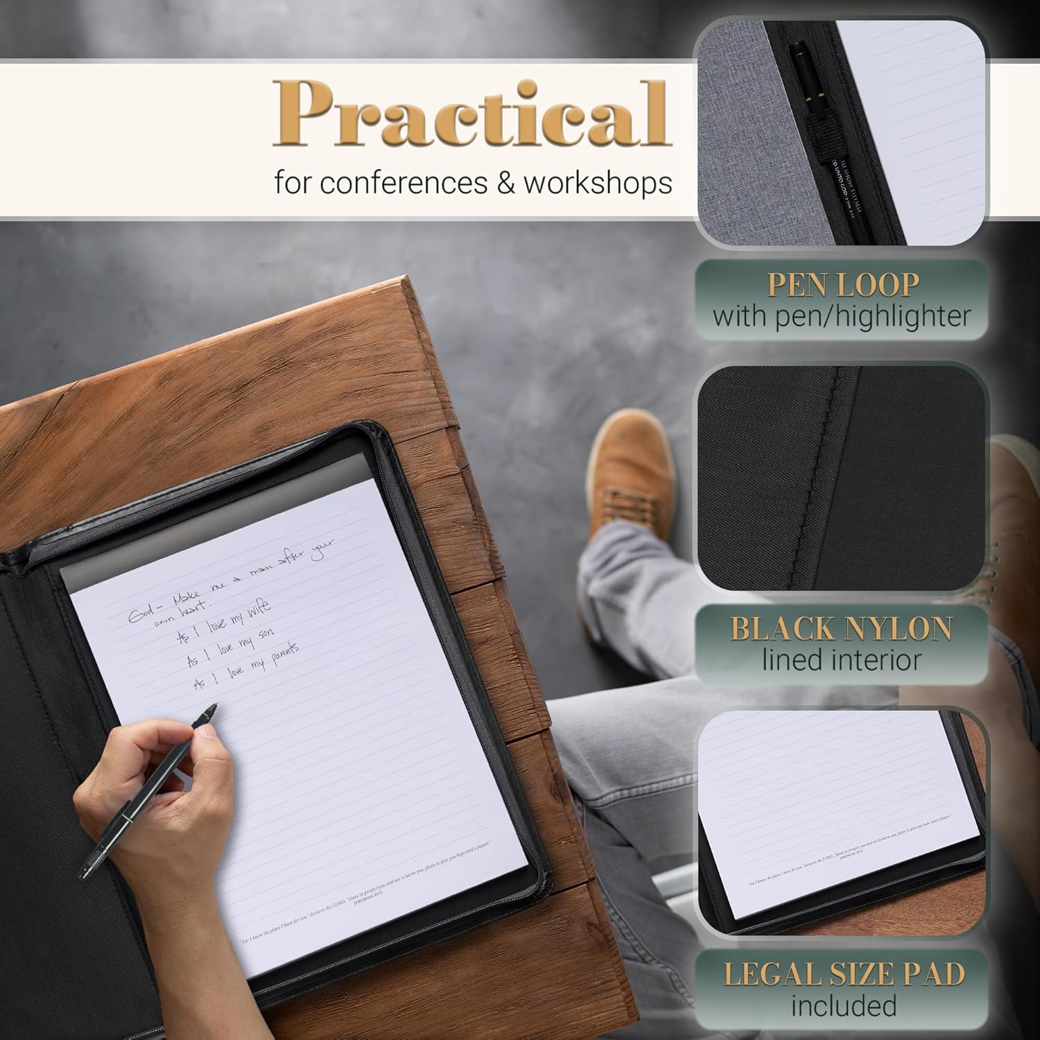 Christian Art Gifts Premium Vegan Leather Zippered Inspirational Scripture Portfolio for Men & Women: Strong & Courageous Lion, Padfolio Folder, Notepad, Pen/Highlighter Combo, Slots, Charcoal Black