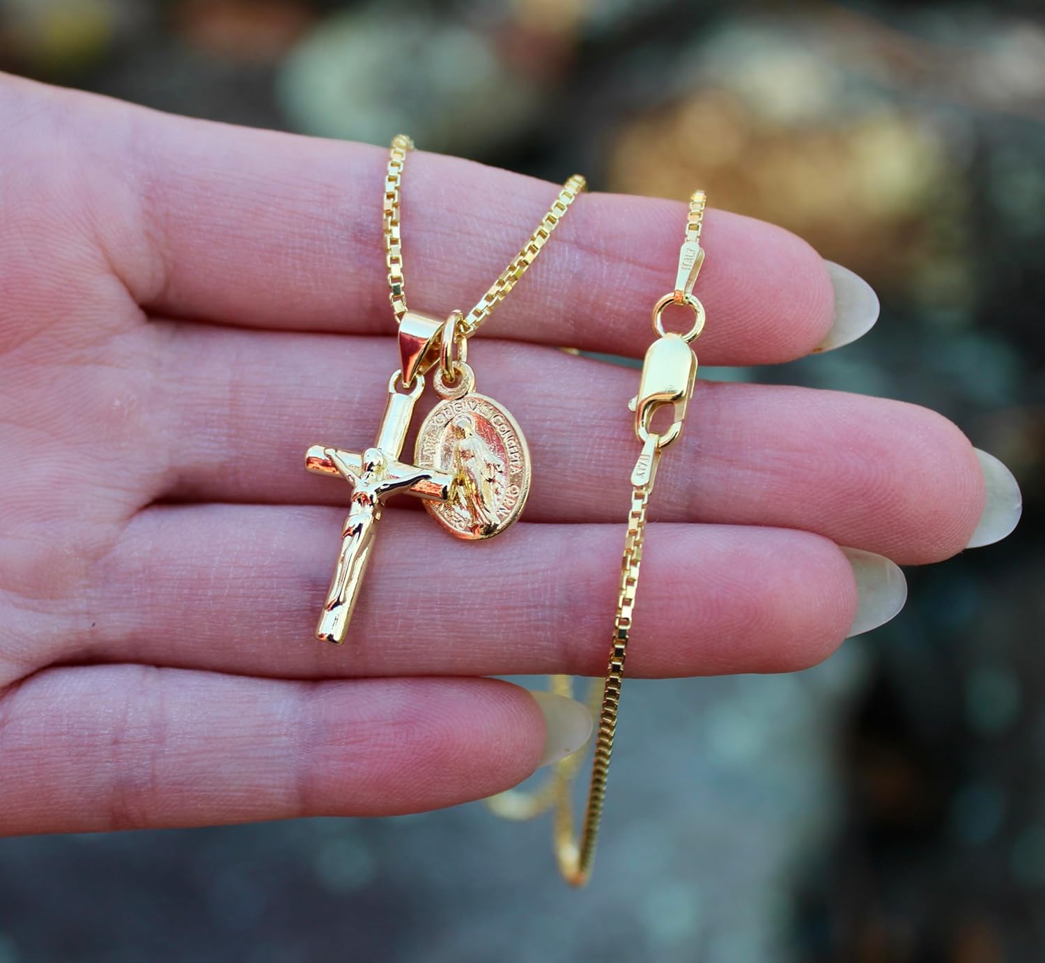 Our Lady MIraculous Medal Necklace, 16", 18", 20" or 22" Gold Plated Sterling Box Chain, Tiny Gold Tone Crucifix and Miraculous medal, First Communion, Confirmation Gift