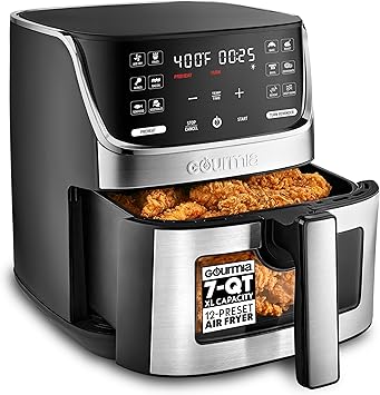 Gourmia Air Fryer - 7 Qt Large Capacity with LED Display, 12 One-Touch Presets, FryForce 360 Technology, Nonstick Dishwasher-Safe Basket & Crisper Tray, Stainless Steel