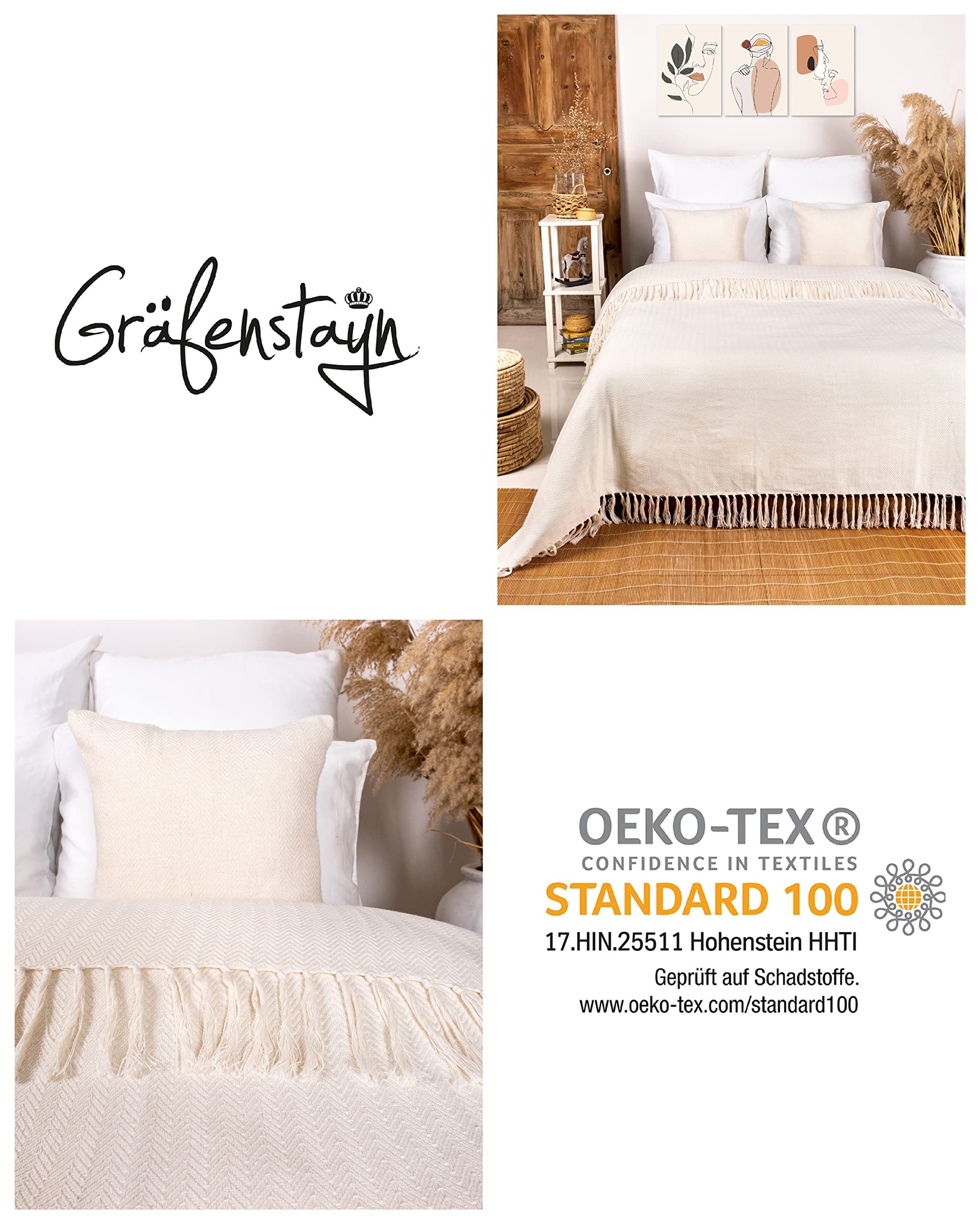 Gräfenstayn Colcha Premium con Flecos - 100% Algodón - 220 x 240 cm XXL - Manta de Verano con patrón de Espiga - Manta de algodón como Manta de Cama, Manta de sofá, Manta de sofá (Crema)