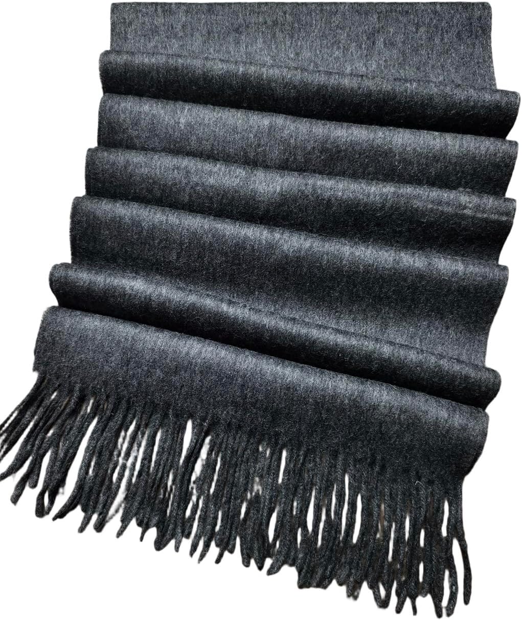 Cashmere Boutique Premium Lambs Wool Winter Scarf, Gray, Soft Warm with Fringe Design, 12 x 70 Inches, for Men and Women