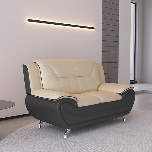 Miniatura 6 de Michael Modern - Sofá biplaza tapizado de piel sintética con patas de acero inoxidable para sala de estar, color camello negro