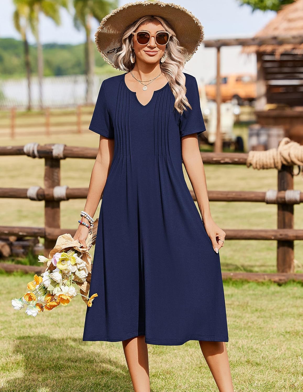 Zeagoo Summer Dresses for Women 2026 Casual Short Sleeve Aline Midi Dress with Pocket Flowy Pleated Tshirt Beach Sundress - Image 3