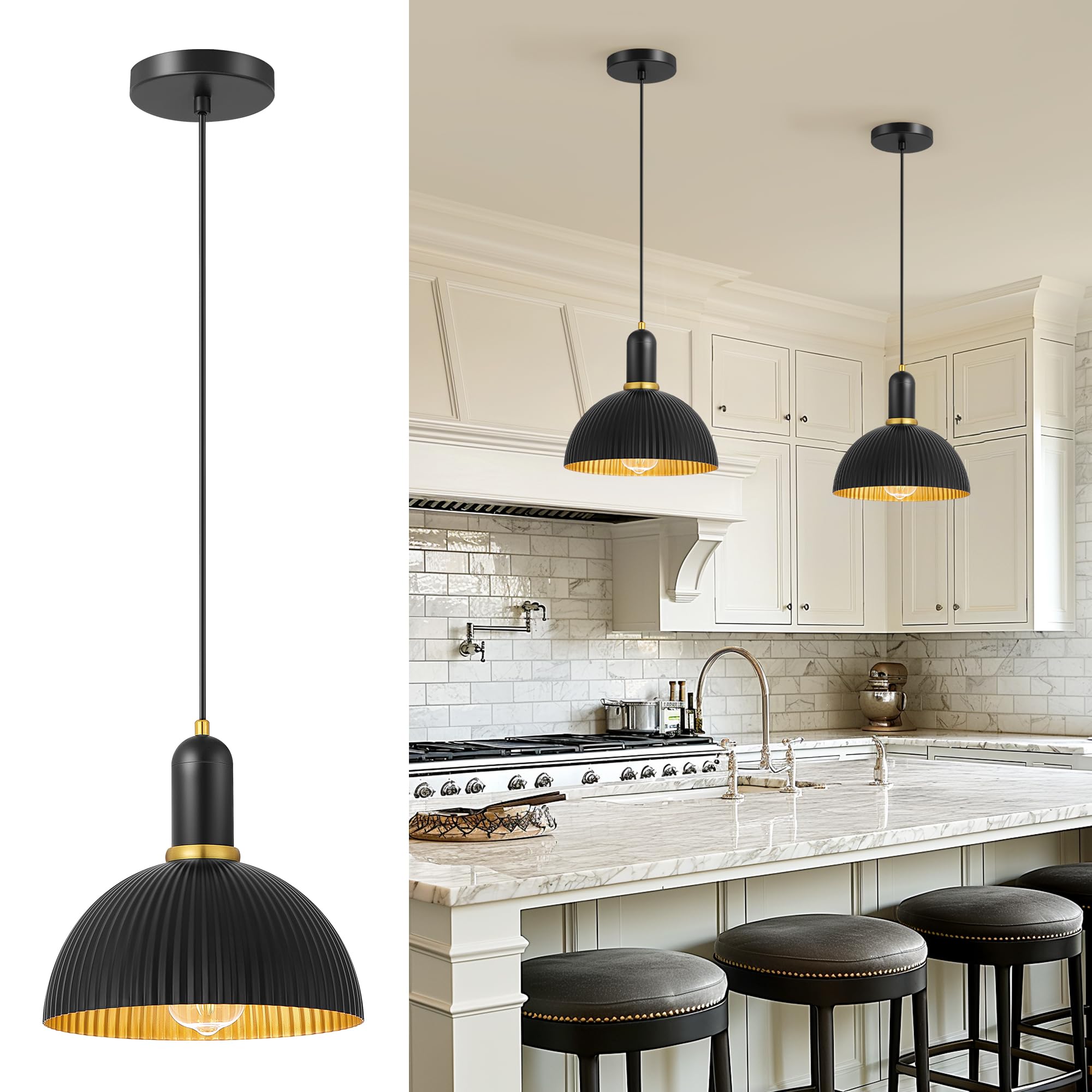 AUTELO 10" Pendant Lights Kitchen Island, Black Pendant Lights in Metal Ribbed Shade, Farmhouse Pendant Light Fixtures, Hanging Light for Kitchen Island H3939S BK