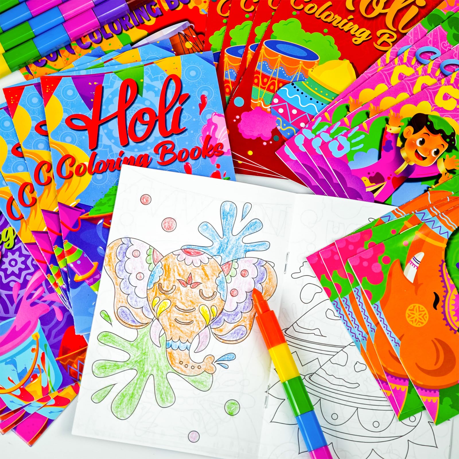 Cinrobiye Holi-Malbücher, Großpackung zum Selbermachen, Mini-Happy Holi-Kunst-Zeichenset mit stapelbaren Buntstiften für Festivals, indische Geburtstagspartys, Geschenke, Geschenktütenfüller, Schule