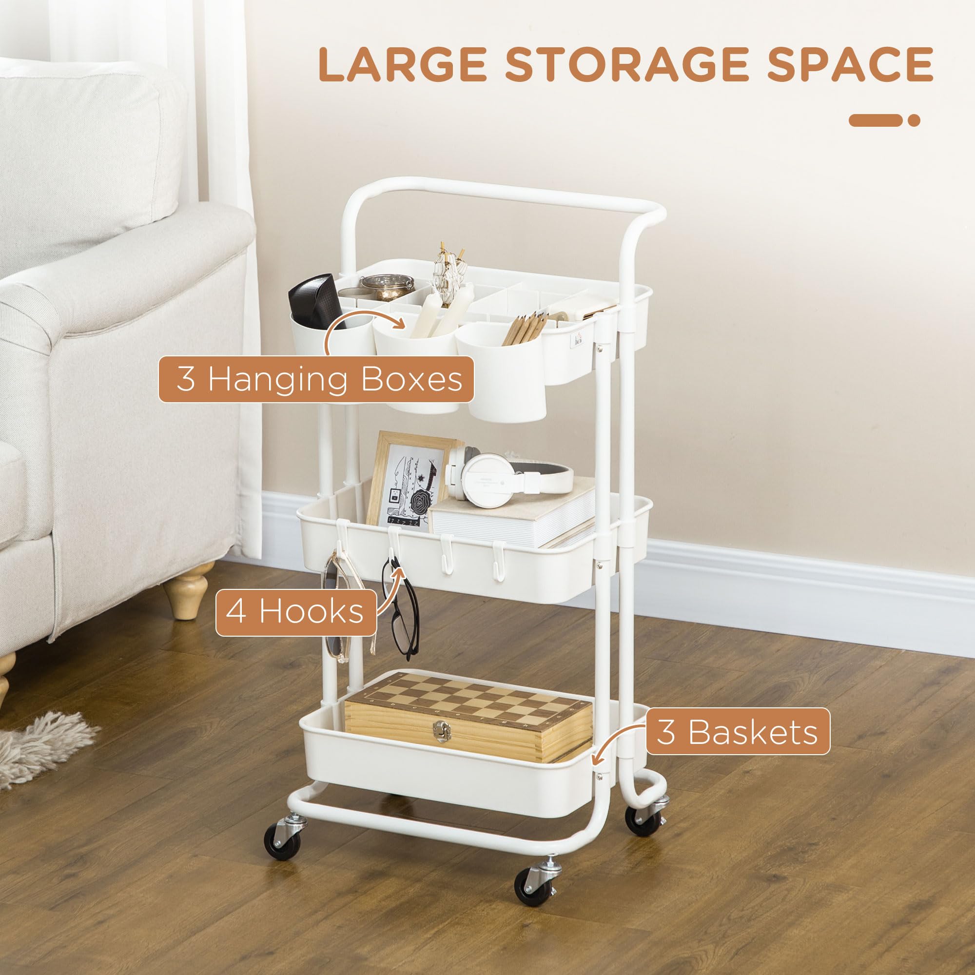 HOMCOM Carrello portaoggetti a 3 livelli su rotelle con 4 ganci e 3 appendini rimovibili per bagno, cucina, ufficio 42 x 38 x 86,5 cm - bianco