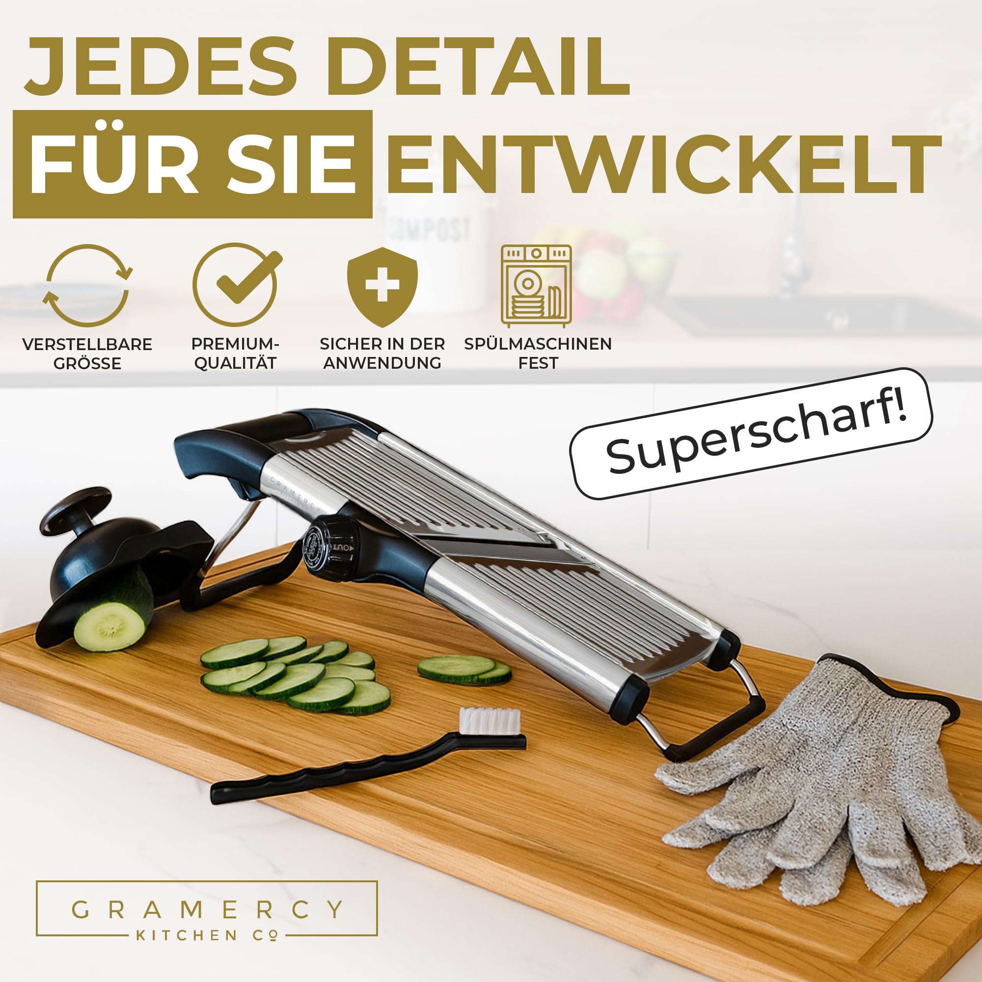 Verstellbarer Gemüsehobel aus Edelstahl – Mandoline Küchenhobel für Kartoffeln, Tomaten, Karotten, Obst, Gemüse & Zwiebeln – Inklusive 1 Paar Schnittschutzhandschuhe