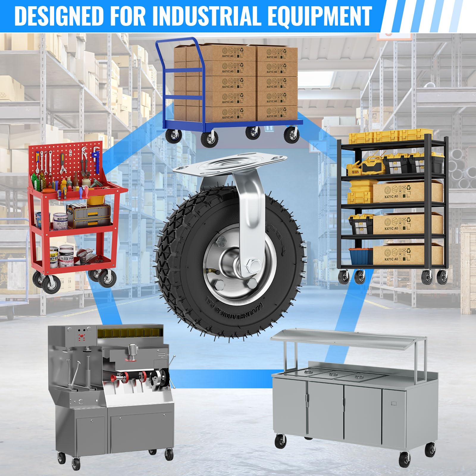 4 Ruote Industriali Da 200 Mm - 2 Girevoli Con Freno + 2 Fisse, Portata 1400 Kg, Per Carrelli E Mobili