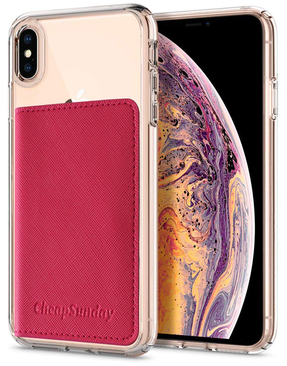 CheapSunday - Tarjetero de piel para la parte posterior del teléfono, con soporte, impermeable, adhesivo, para la mayoría de teléfonos celulares (rosa intenso)