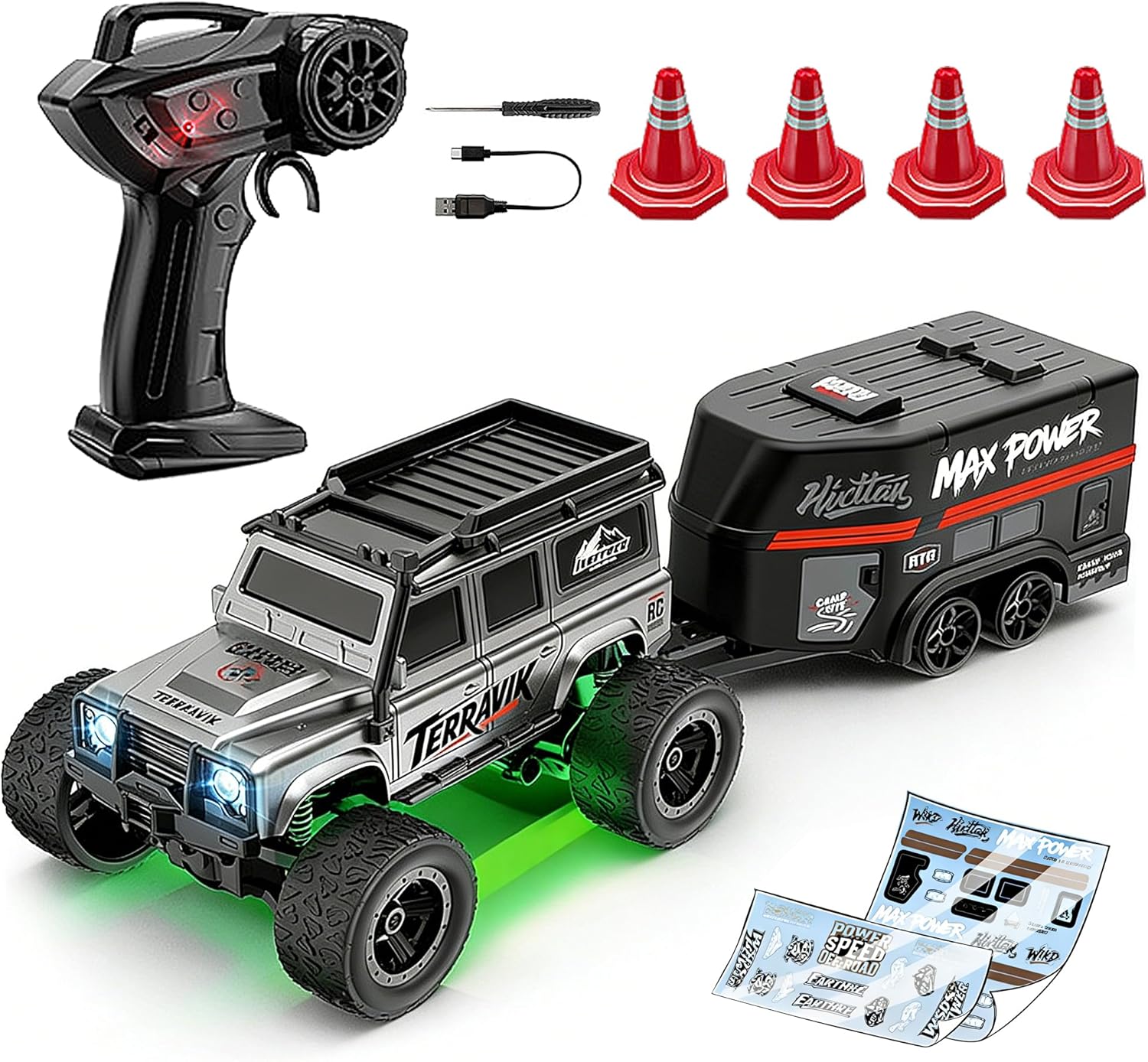 Mini RC Car 1:64 Scale,Remote Control Car with LED Lights & 2-Speed Modes, 2.4GHz Stunt Drifting RC Toys with 4 Obstacles & DIY Stickers, for Kids & Adults, Black